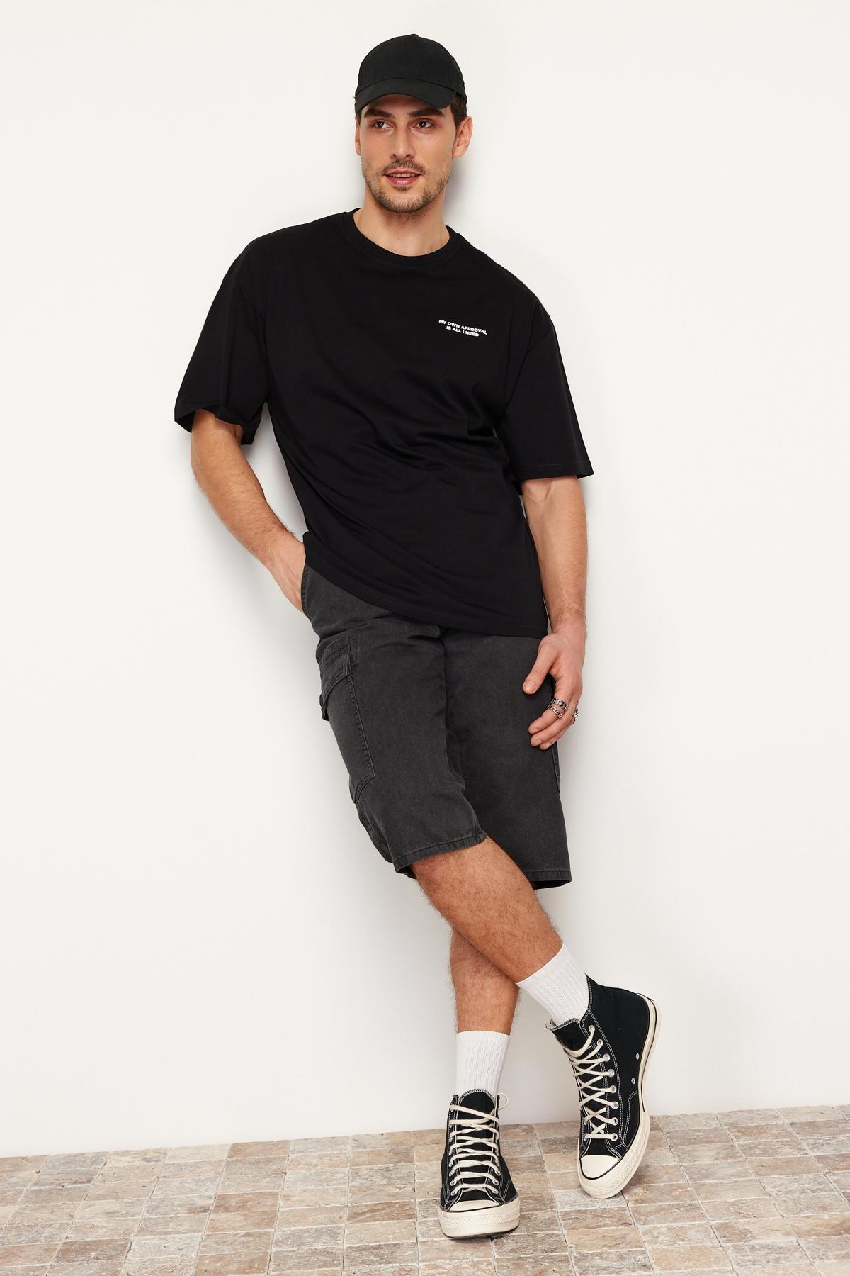 Black Oversize Printed Cotton T-Shirt, , large image number 1