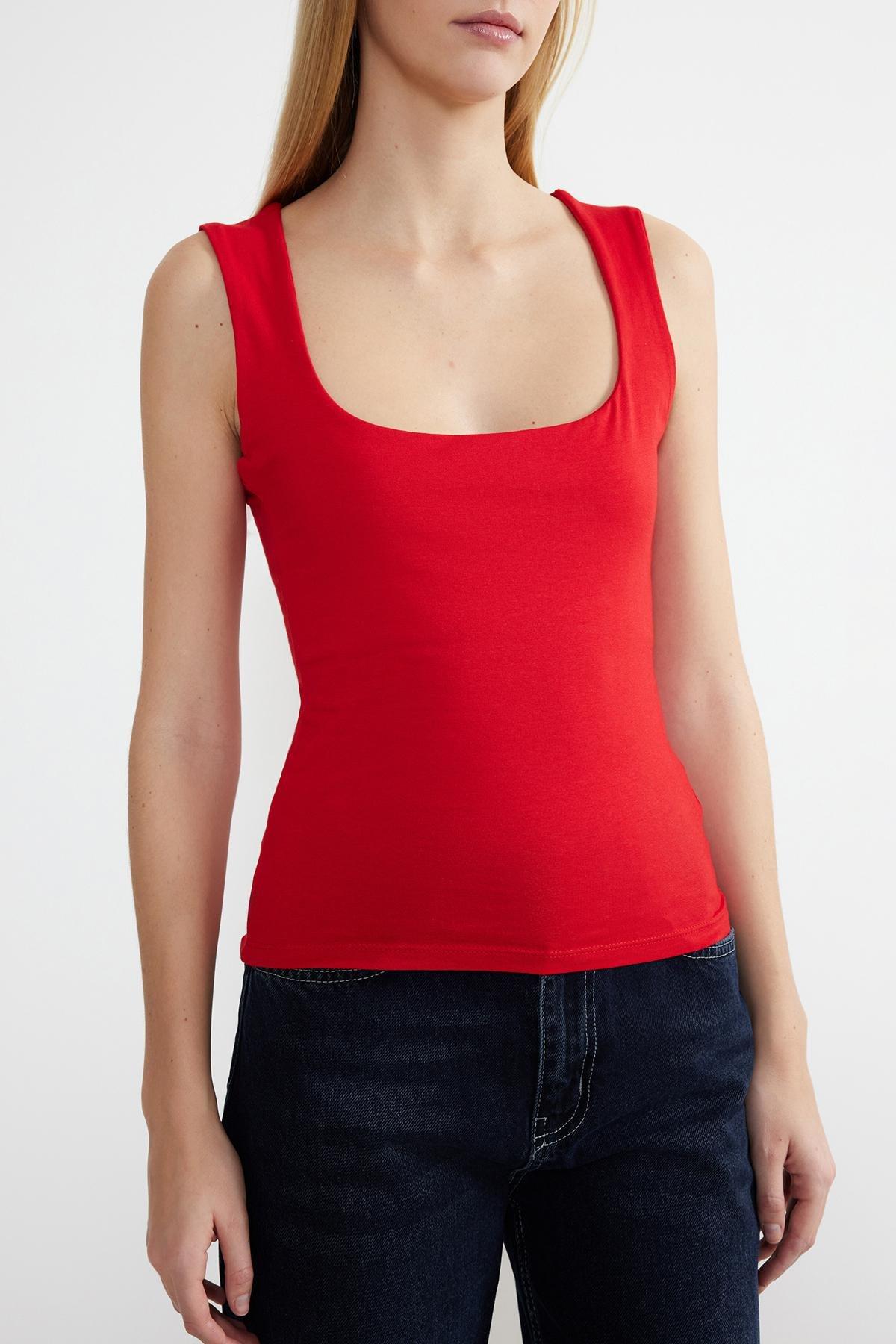 Red Cotton Fitted Knitted Undershirt, , large image number 3