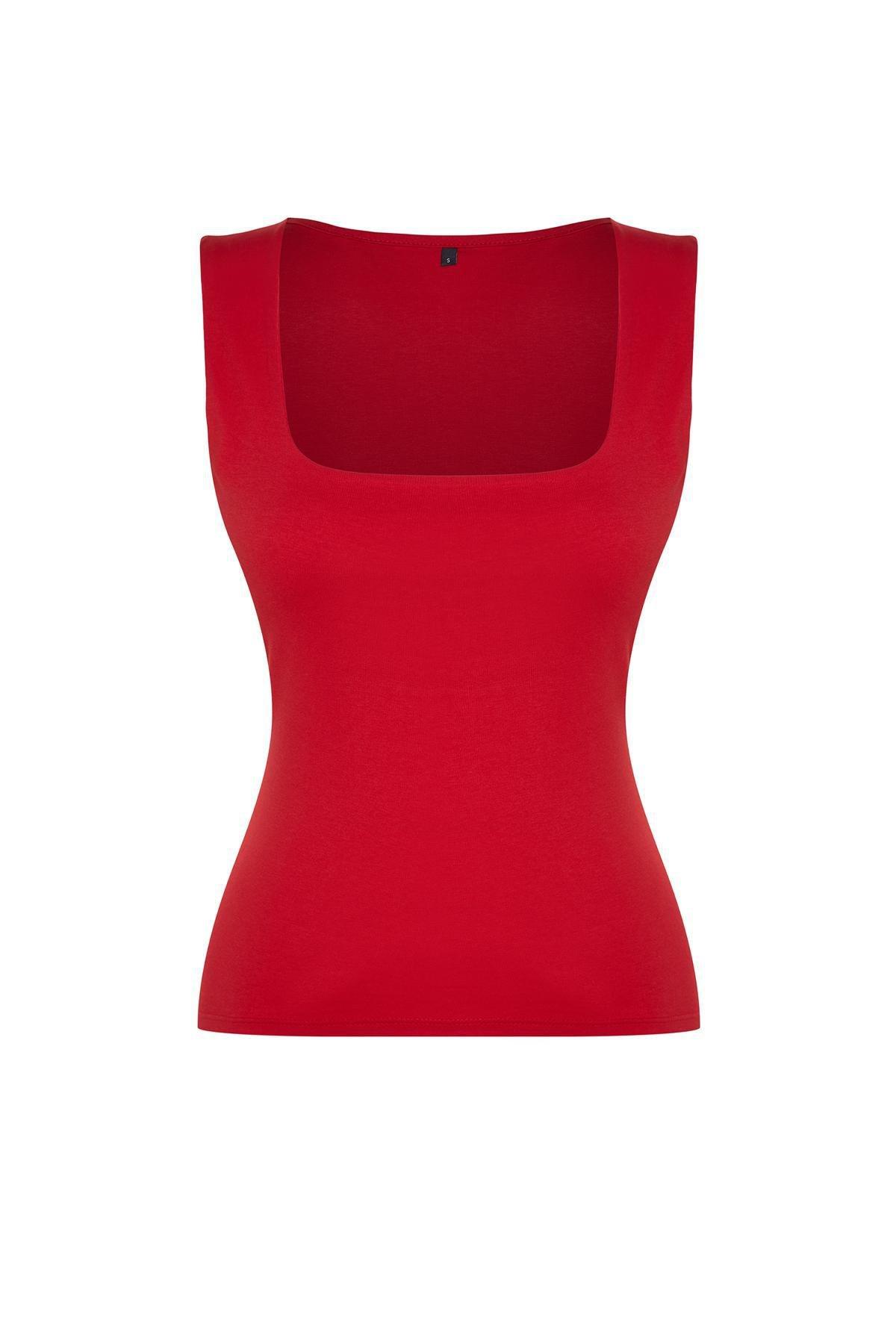 Red Cotton Fitted Knitted Undershirt, , large image number 5