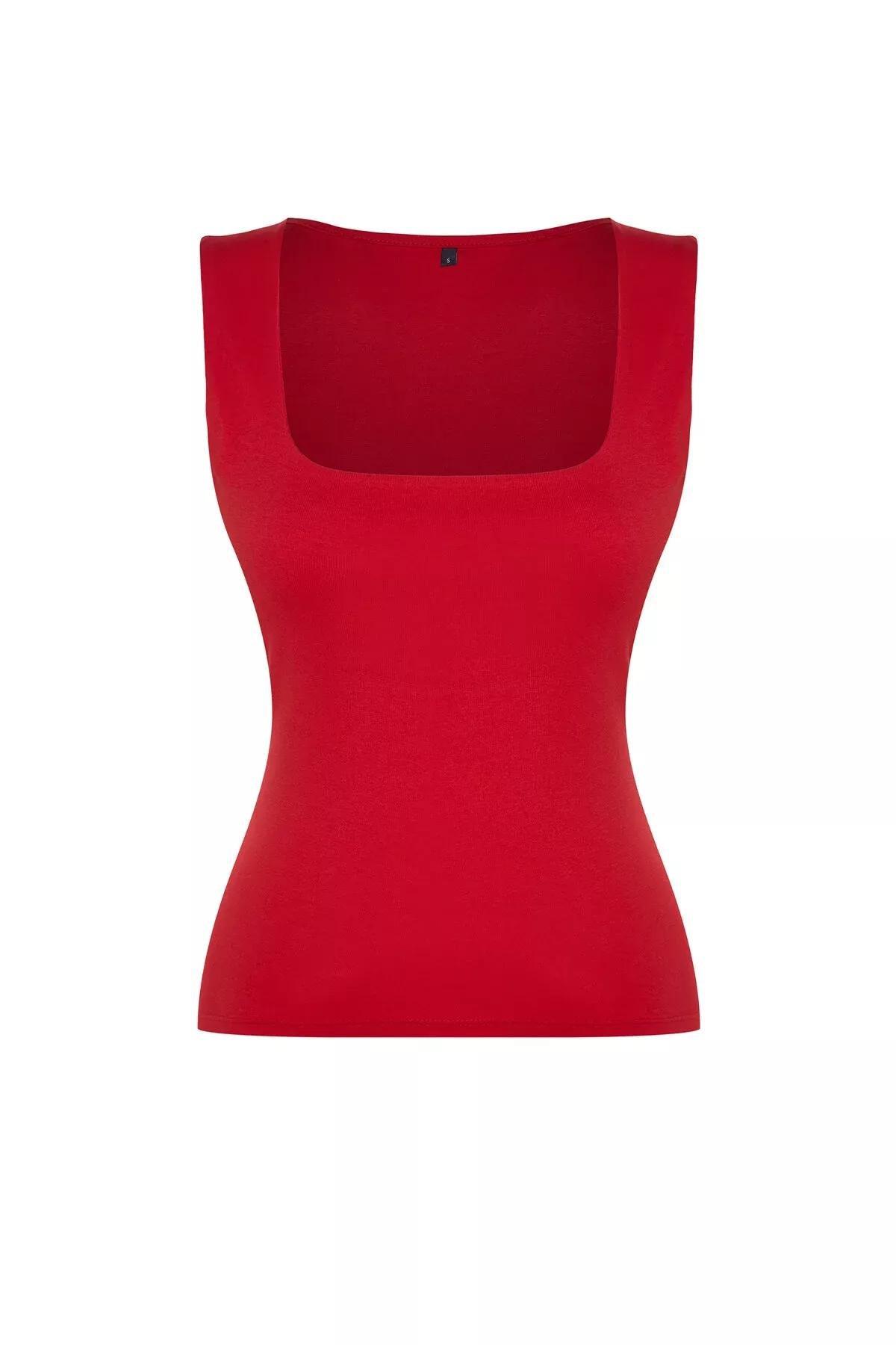 Red Cotton Fitted Knitted Undershirt, , large image number 5
