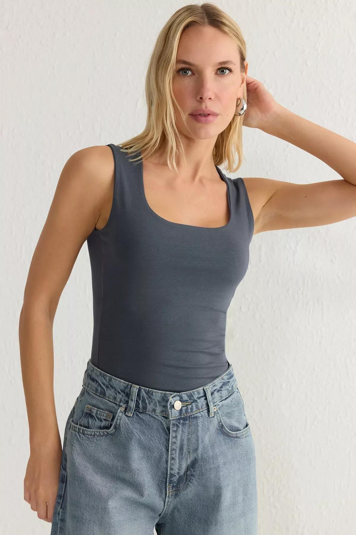 Grey Fitted Square Neck Undershirt, , large image number 0