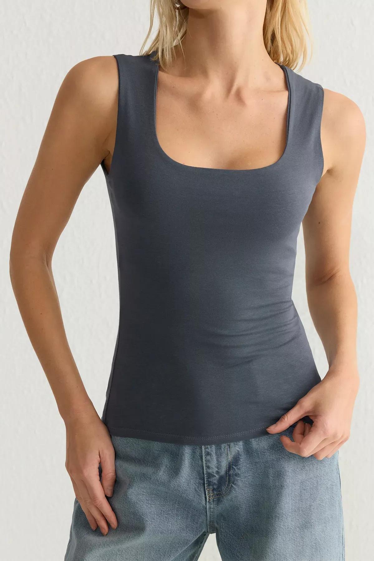 Grey Fitted Square Neck Undershirt, , large image number 3