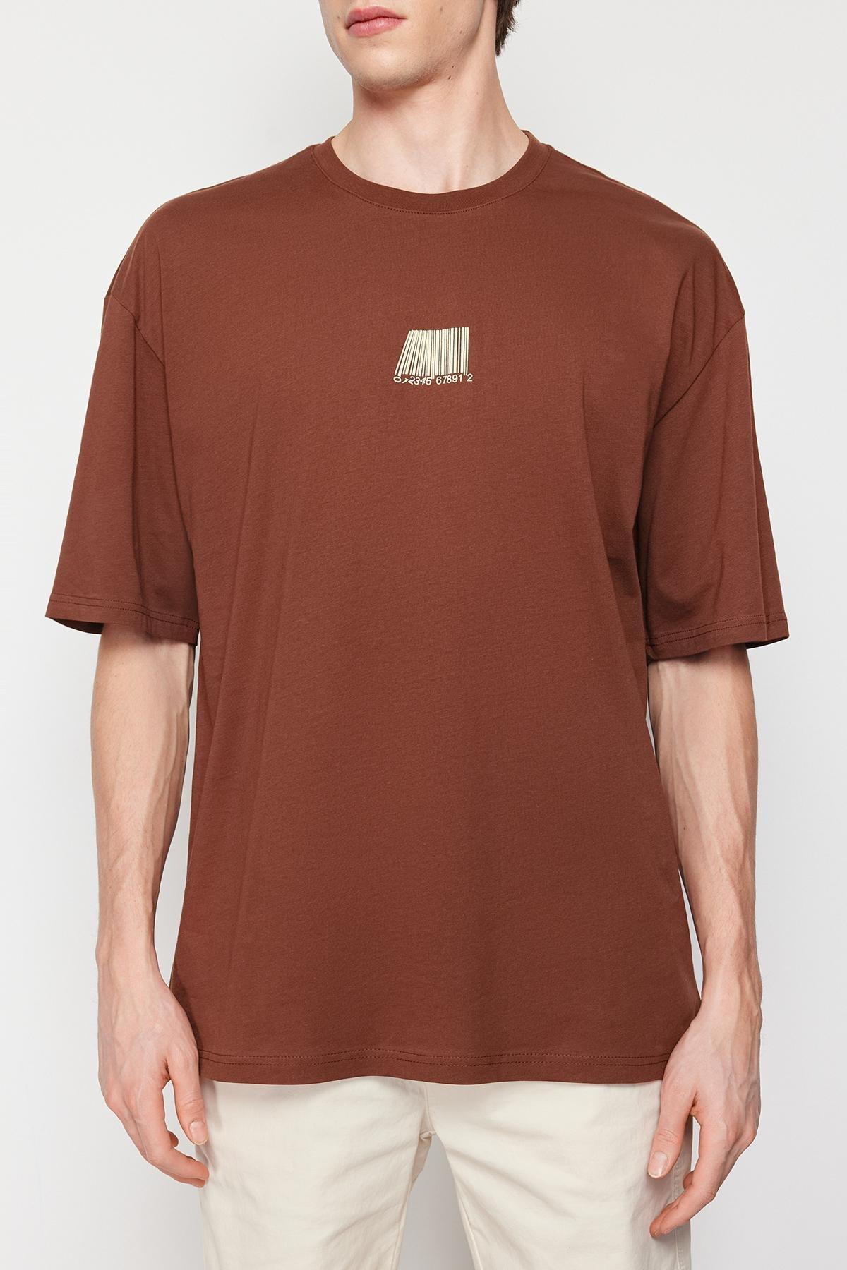 Trendyol - Brown Oversize Printed Cotton T-Shirt