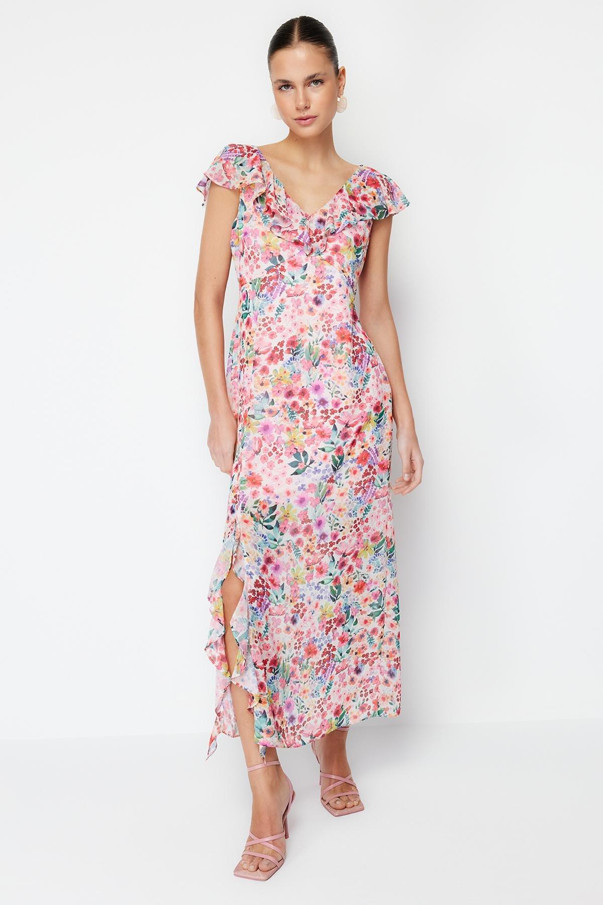 Pink Ruffled Chiffon Lined Maxi Dress, , large image number 0