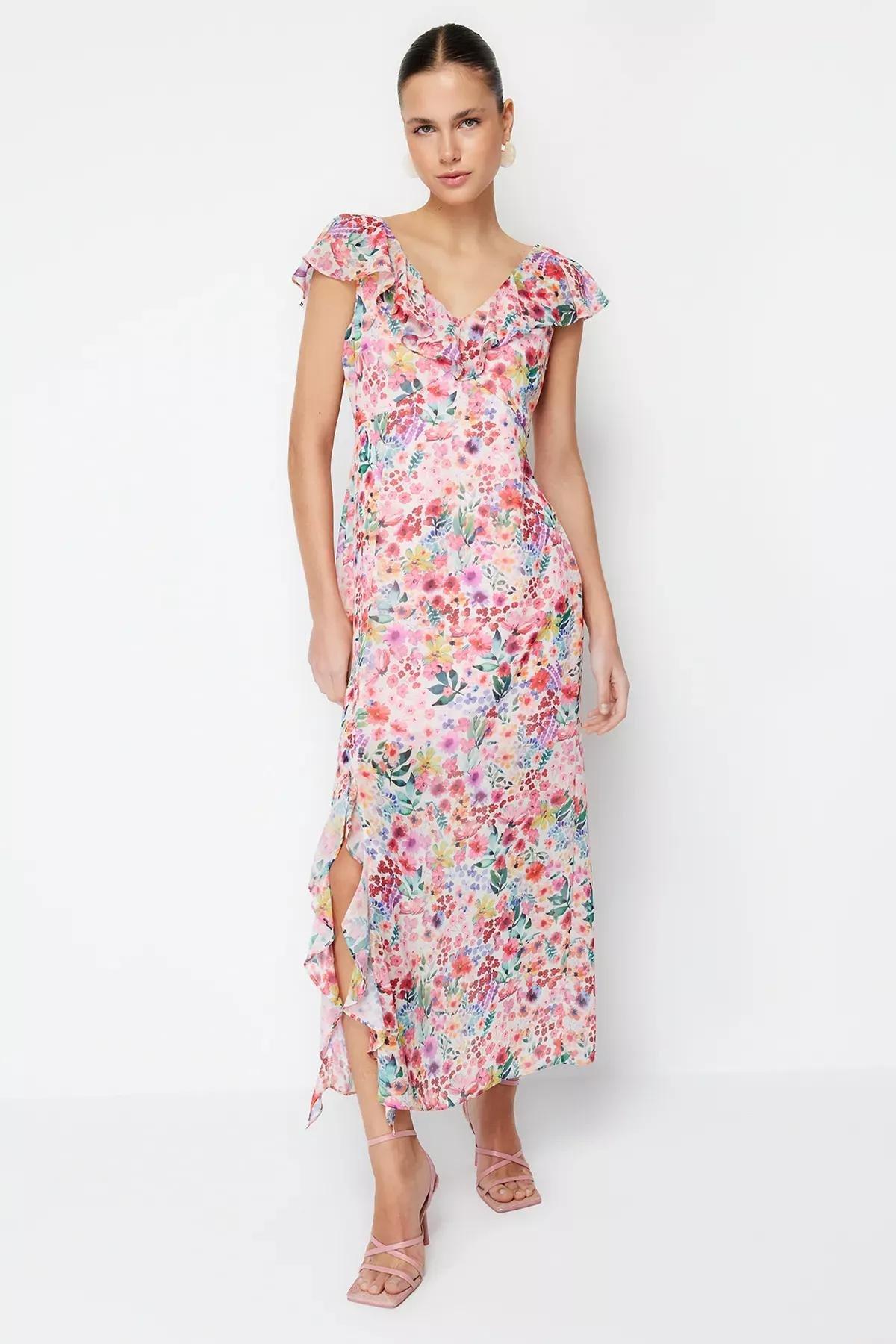 Pink Ruffled Chiffon Lined Maxi Dress, Pink, large image number 0