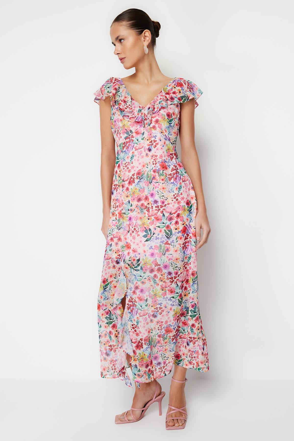 Pink Ruffled Chiffon Lined Maxi Dress, , large image number 1