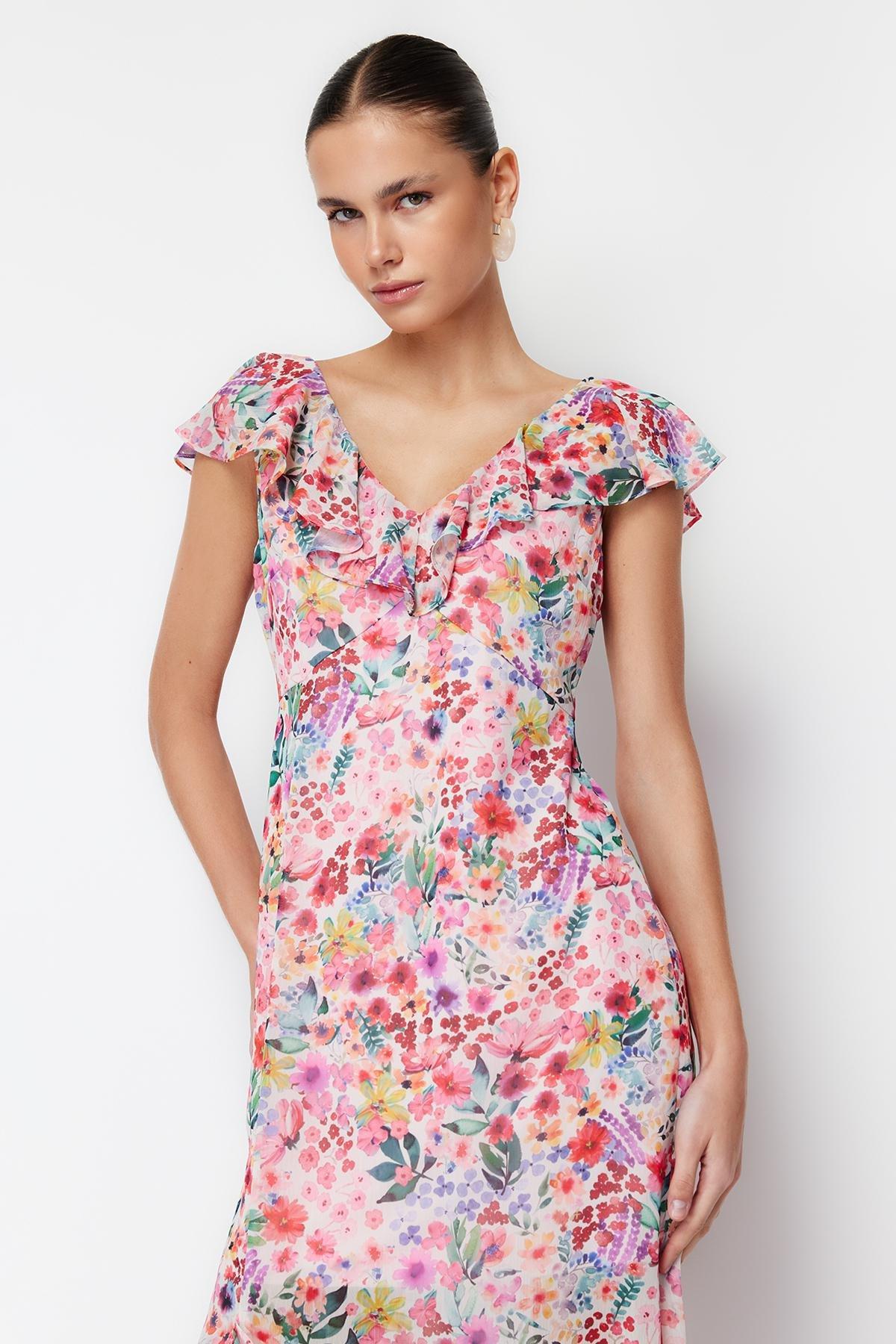 Pink Ruffled Chiffon Lined Maxi Dress, , large image number 2