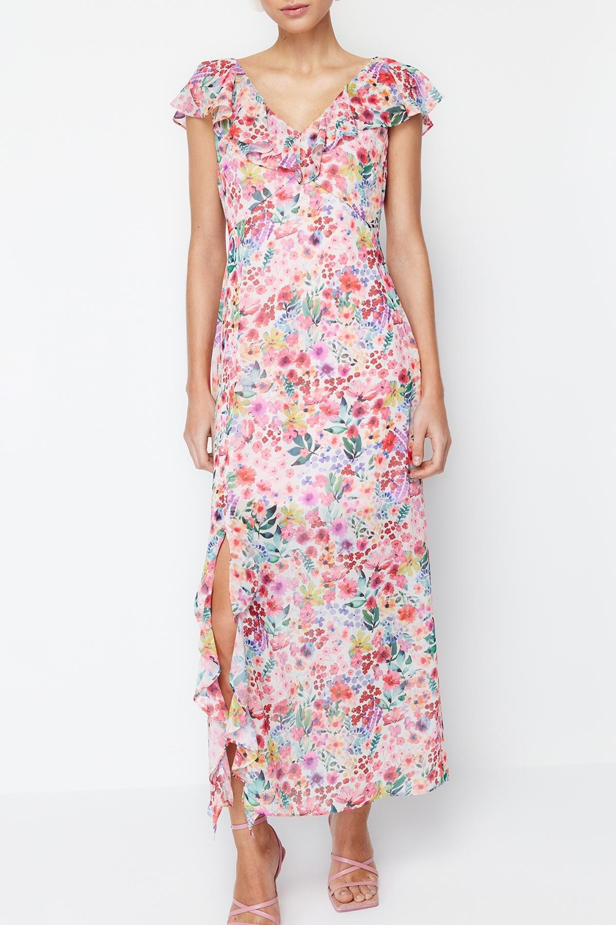 Pink Ruffled Chiffon Lined Maxi Dress, , large image number 3