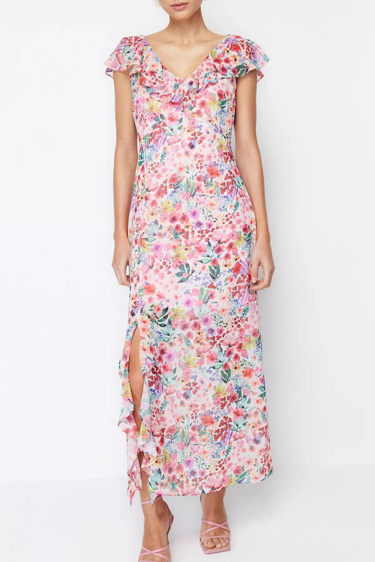 Pink Ruffled Chiffon Lined Maxi Dress, Pink, large image number 3