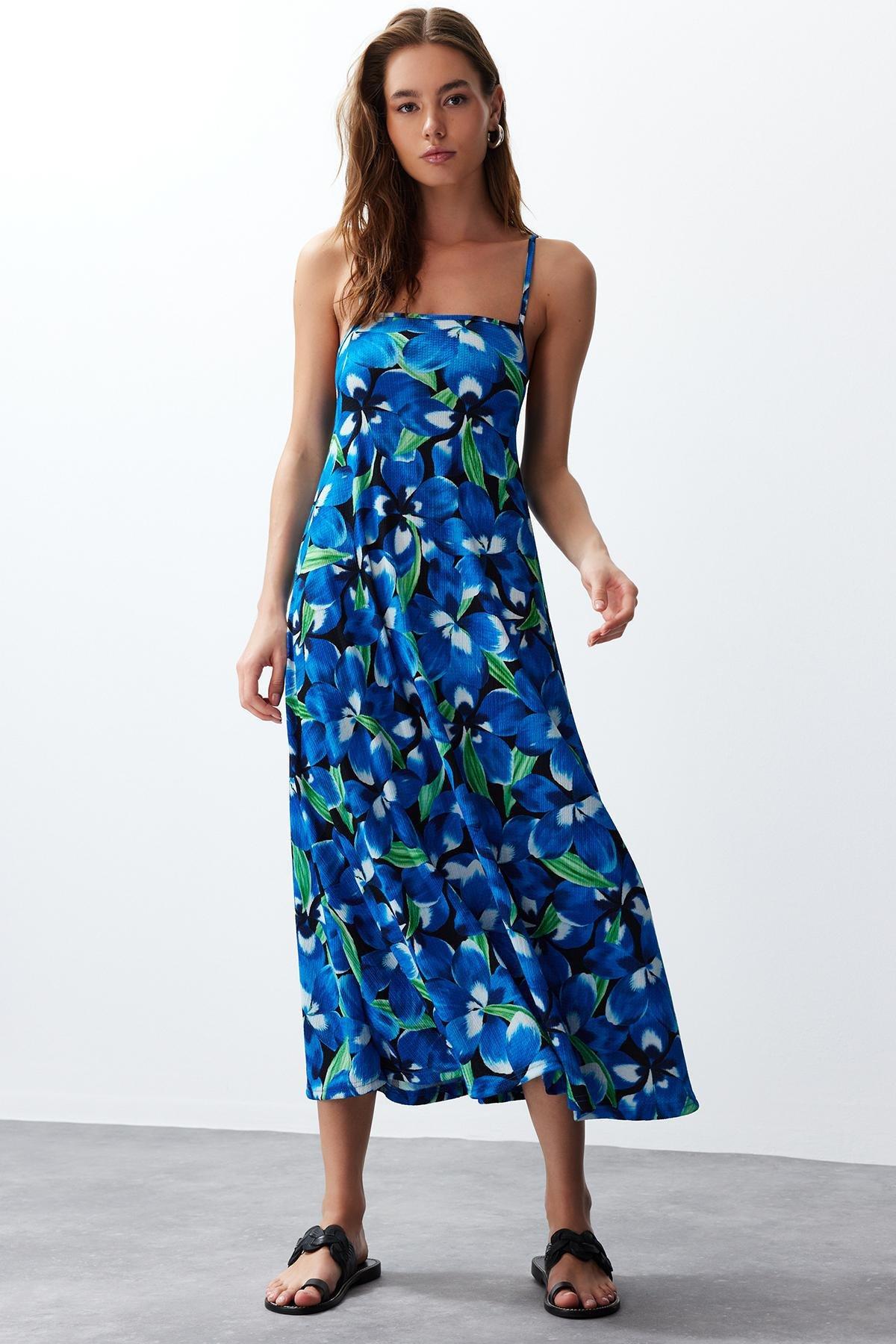Blue Square Neck A-Line Dress, , large image number 0
