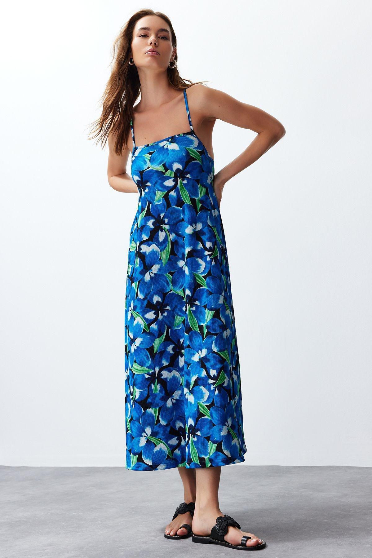 Blue Square Neck A-Line Dress, , large image number 1