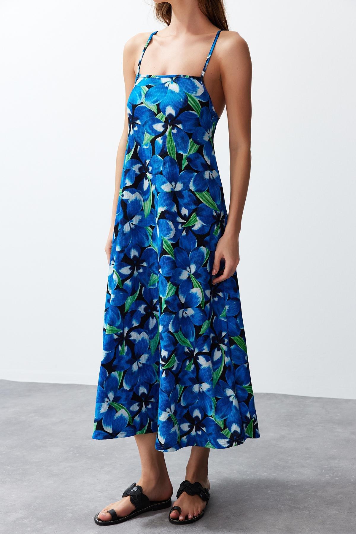 Blue Square Neck A-Line Dress, , large image number 4