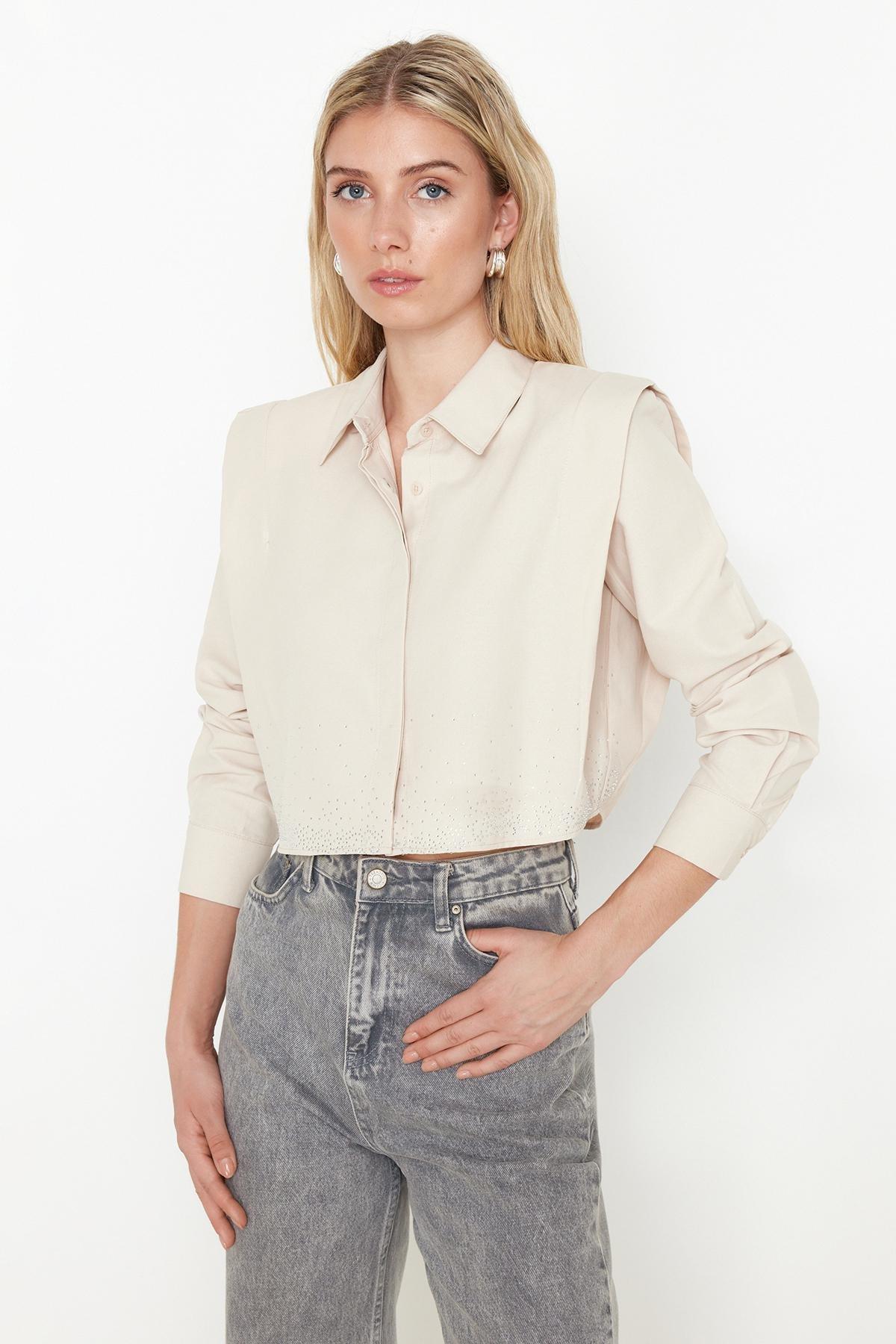 Beige Plain Crop Shirt, , large image number 0