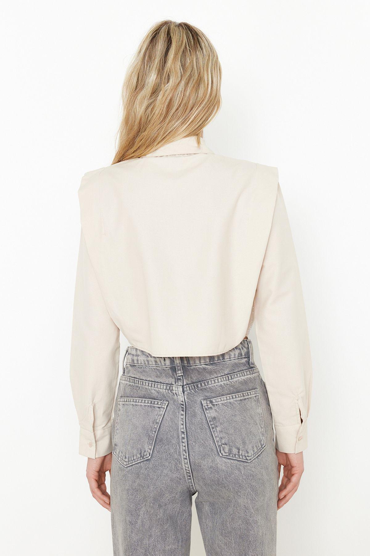 Beige Plain Crop Shirt, , large image number 3