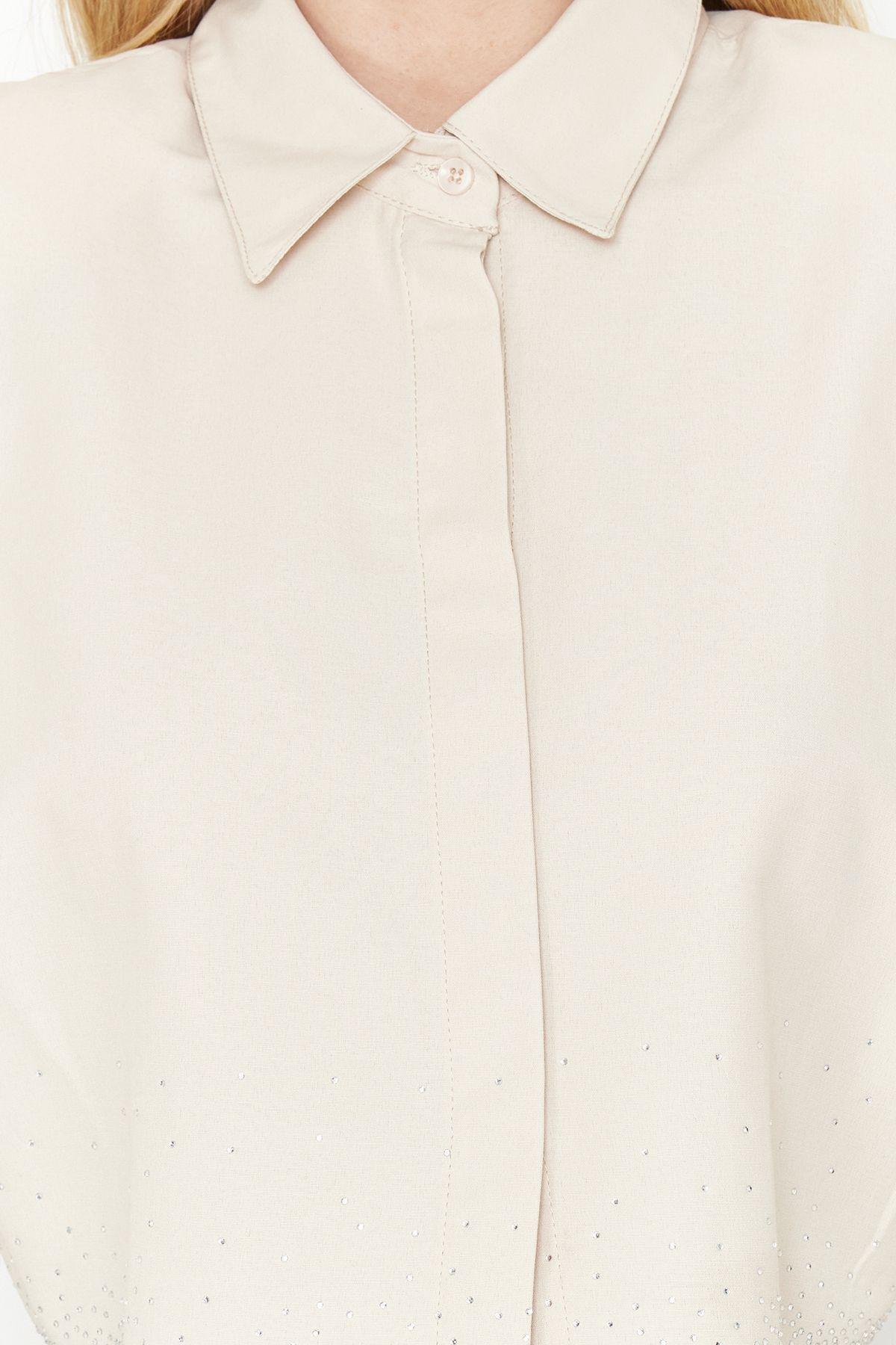 Beige Plain Crop Shirt, , large image number 4