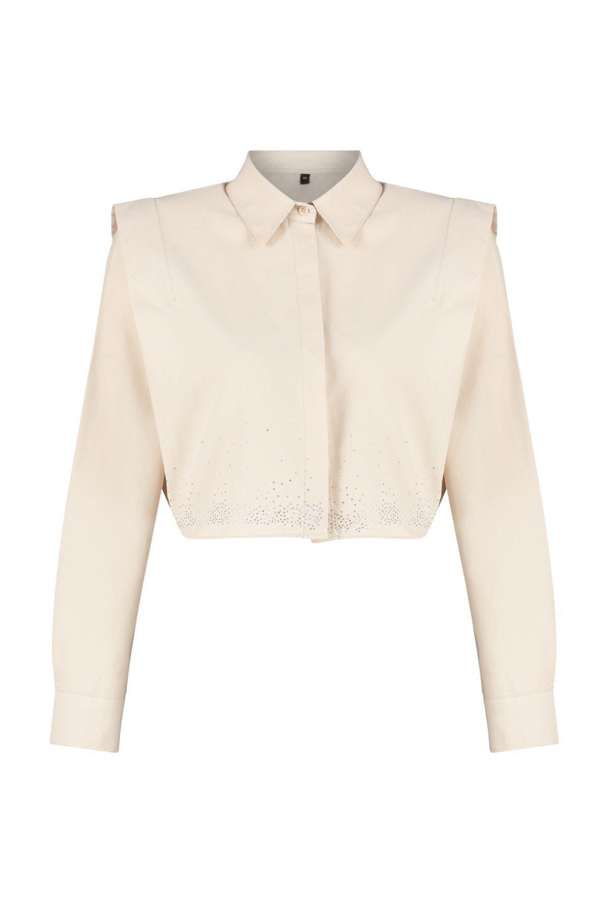 Beige Plain Crop Shirt, , large image number 5