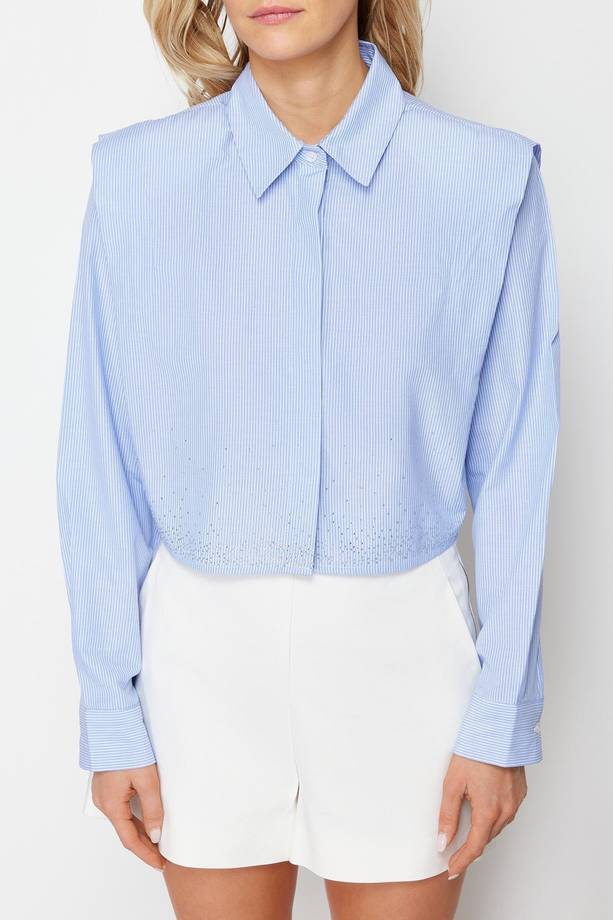 Blue Stoned Crop Woven Shirt, , large image number 3