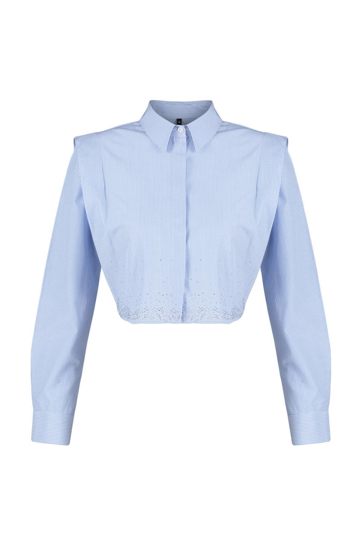 Blue Stoned Crop Woven Shirt, , large image number 5