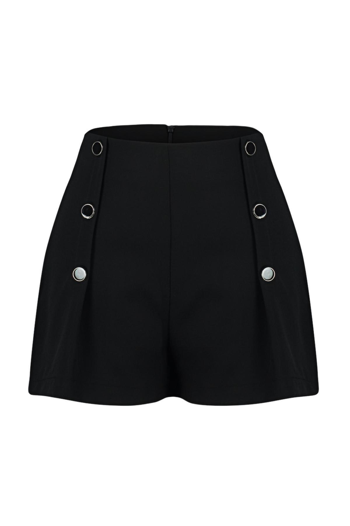 Black Button Detailed Woven Shorts, BLACK, large image number 5