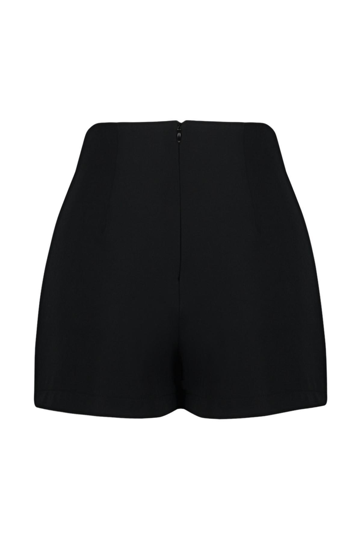 Black Button Detailed Woven Shorts, BLACK, large image number 6