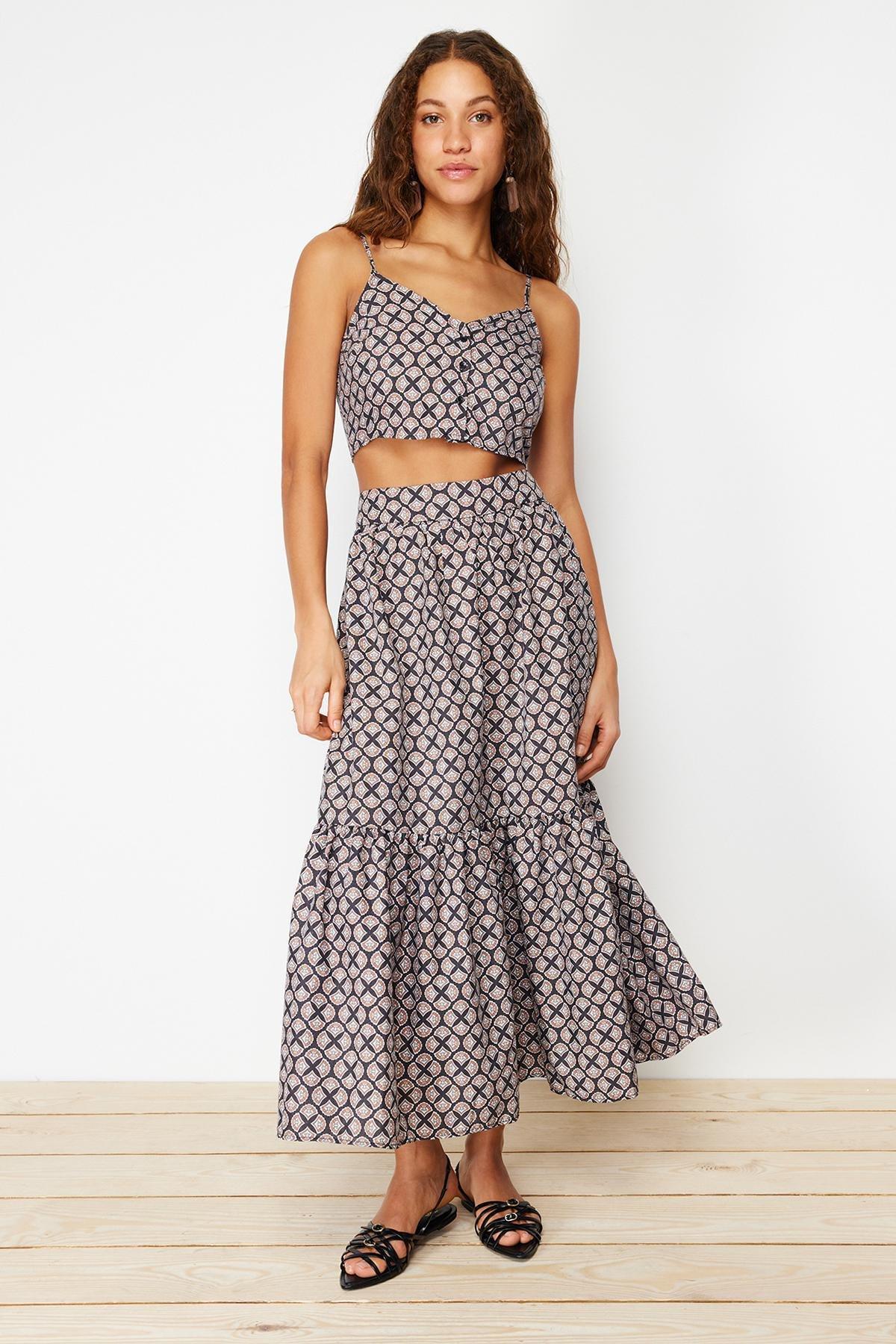 Multicolour Patterned Flared Maxi Skirt, , large image number 0