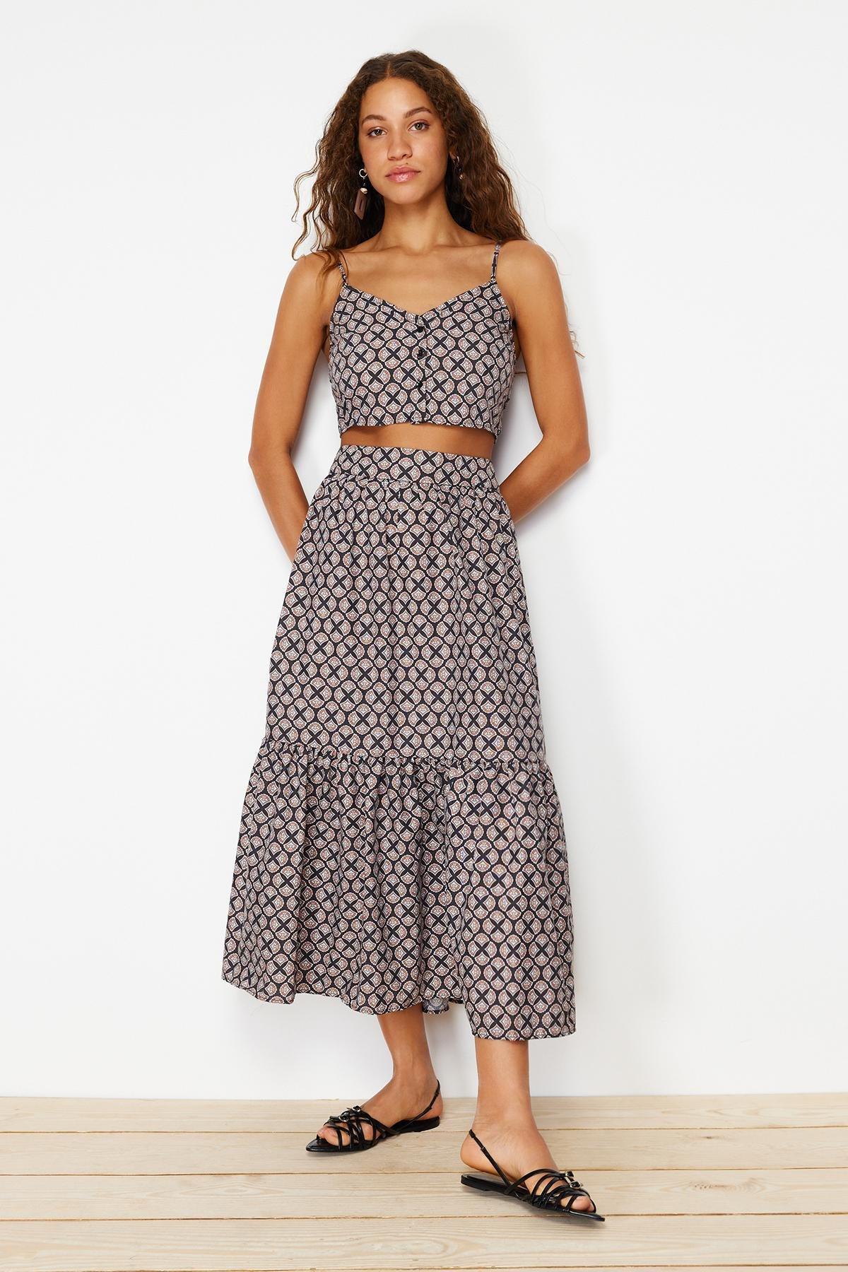 Multicolour Patterned Flared Maxi Skirt, , large image number 1