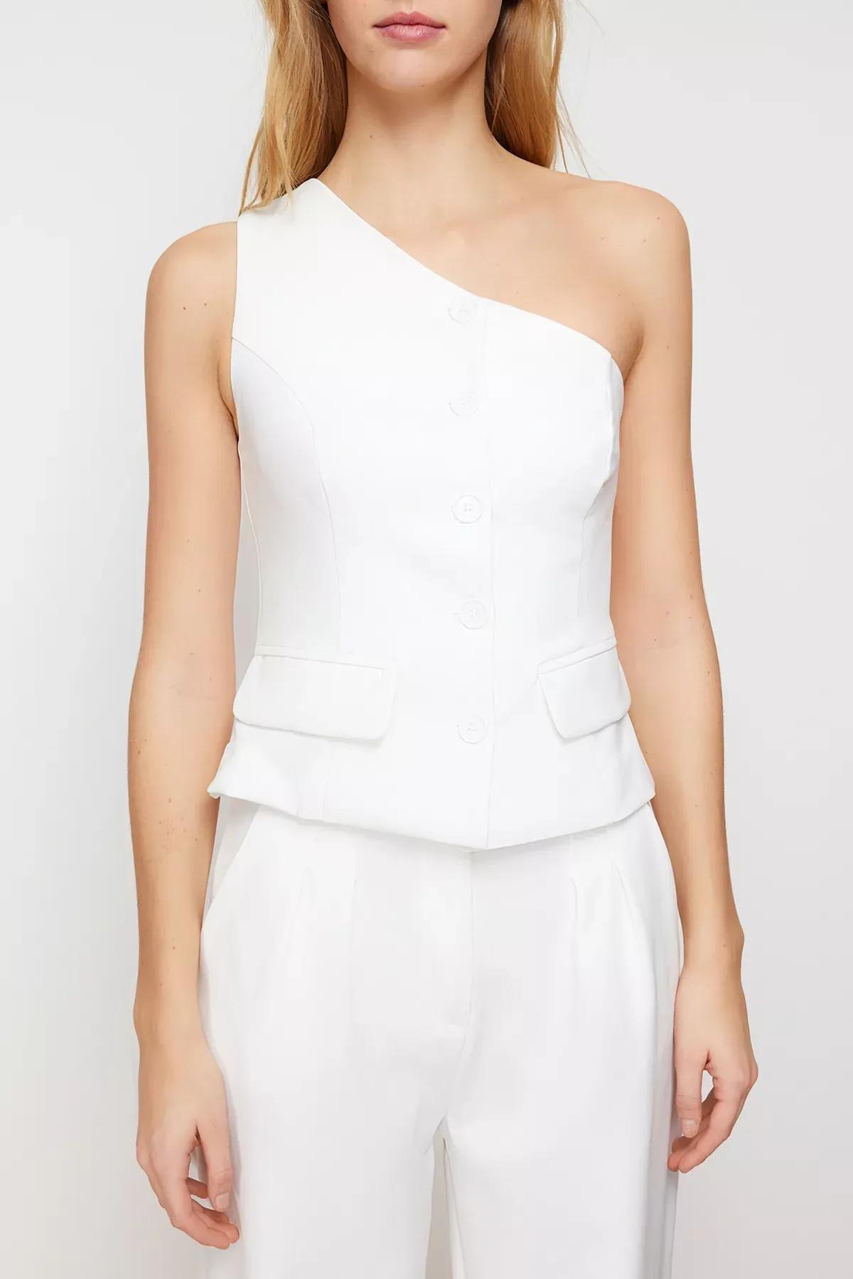 Ecru Fitted Single Sleeve Vest, Ecru, large image number 3