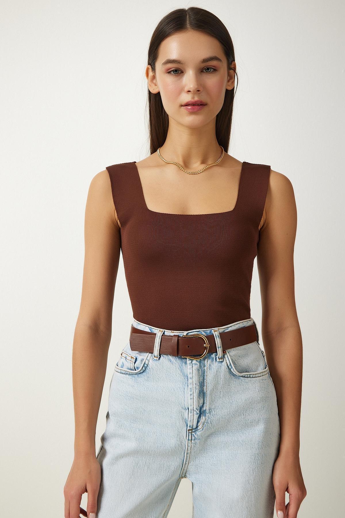 Brown Square Collar Knitwear Crop Blouse, Brown, large image number 0