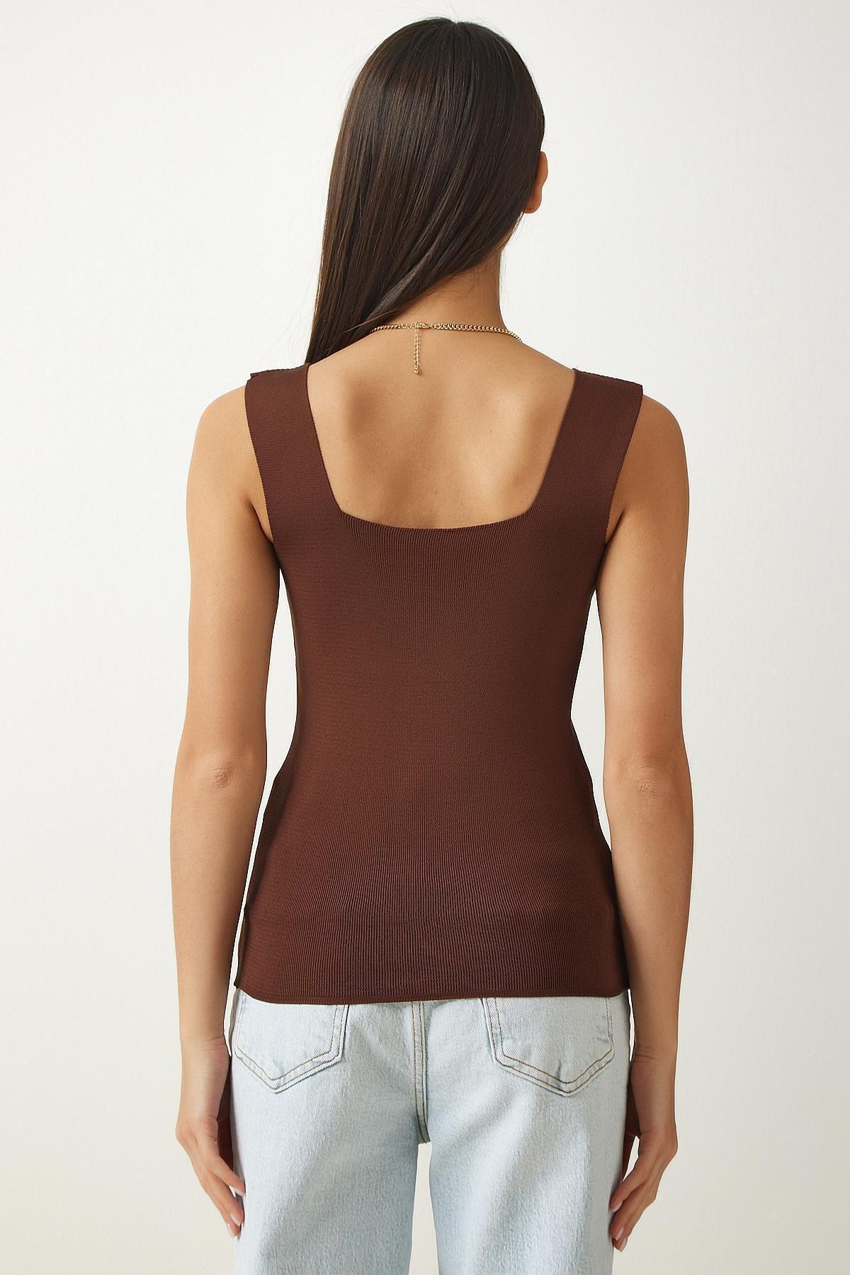 Brown Square Collar Knitwear Crop Blouse, Brown, large image number 2