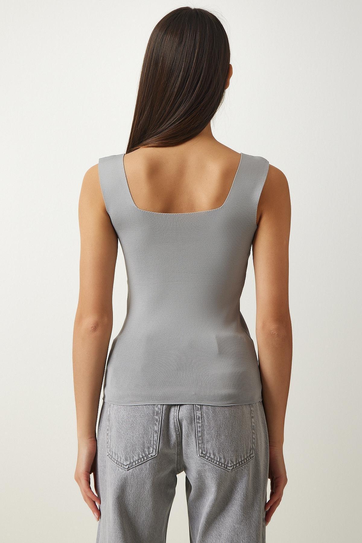 Grey Square Neck Knitted Crop Top, C101_1653, large image number 3