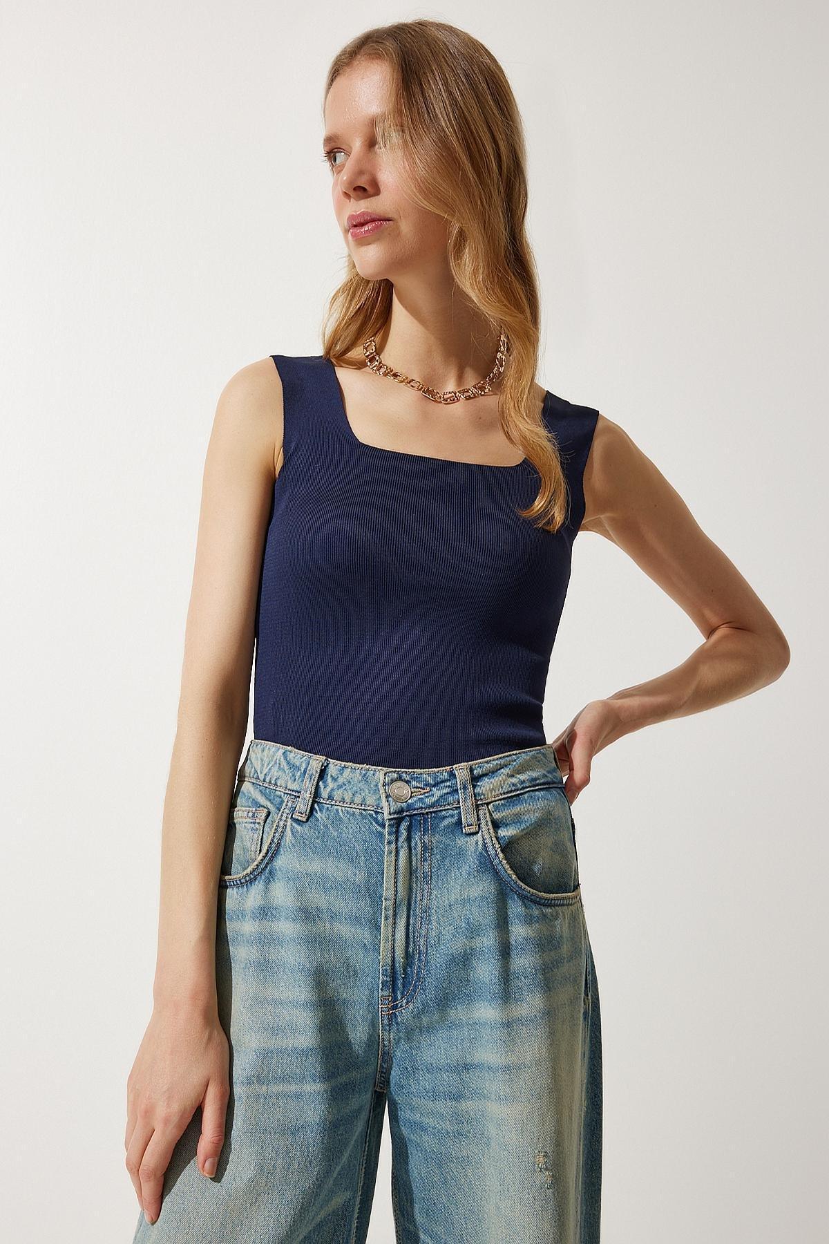 Navy Square Collar Knit Blouse, DARK BLUE, large image number 1