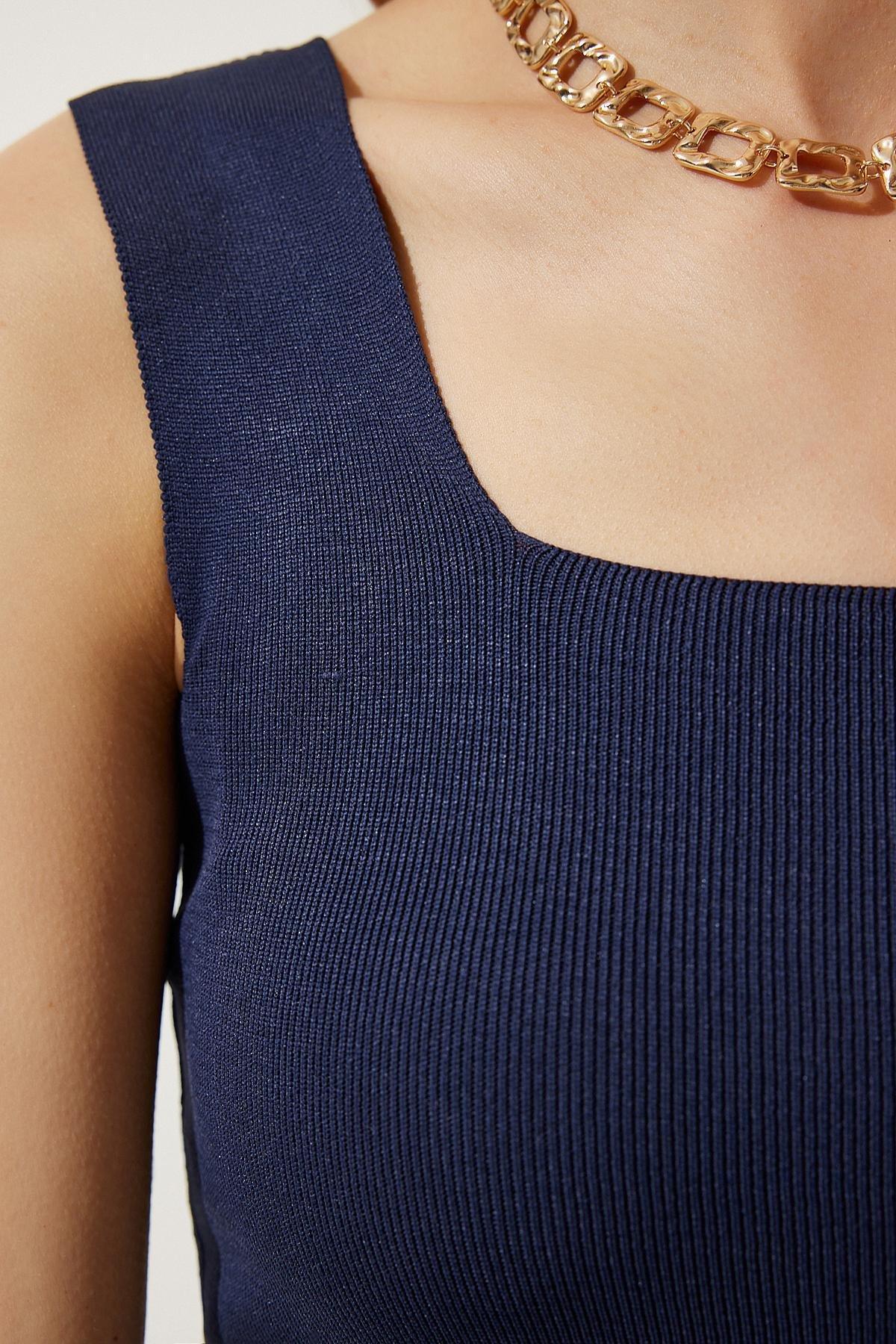 Navy Square Collar Knit Blouse, DARK BLUE, large image number 4