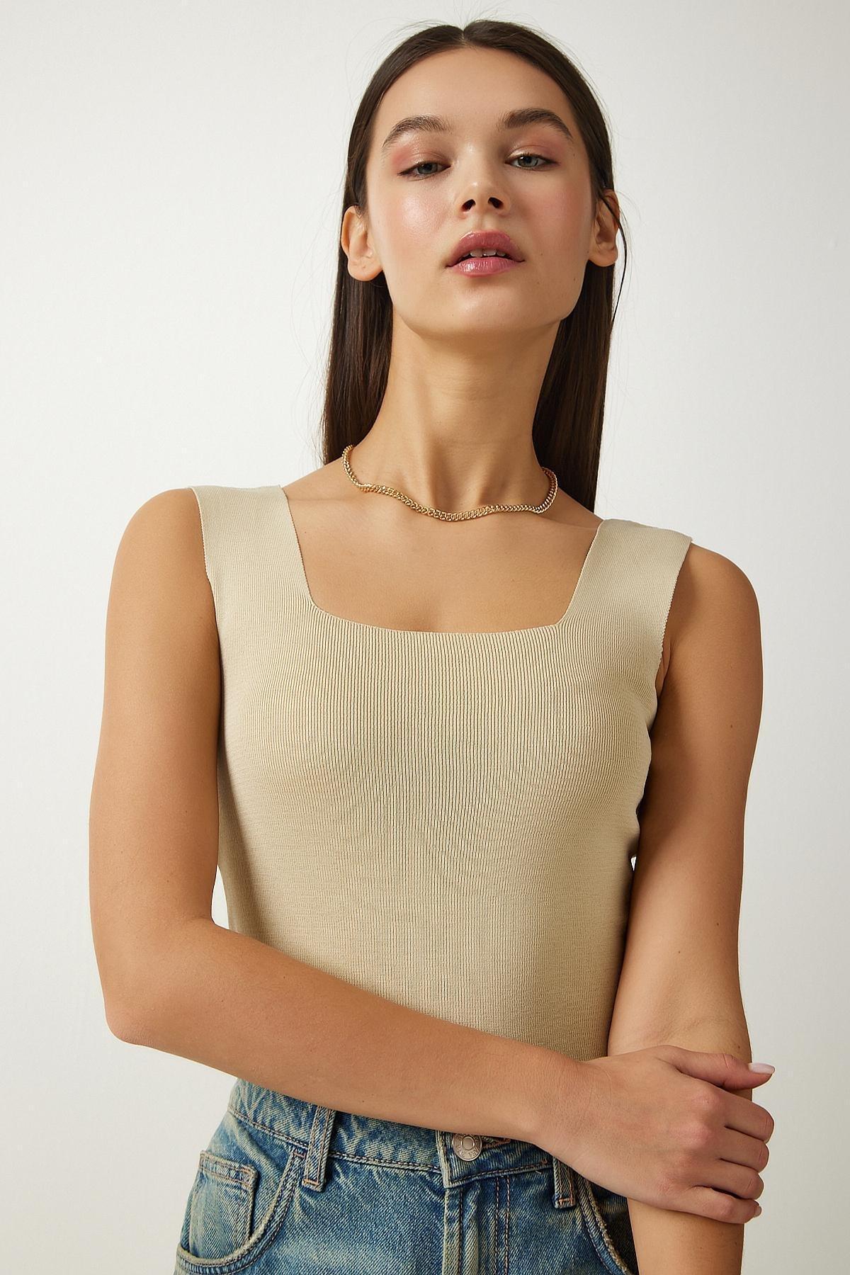Beige Square Neck Knitted Crop Top, Beige, large image number 2