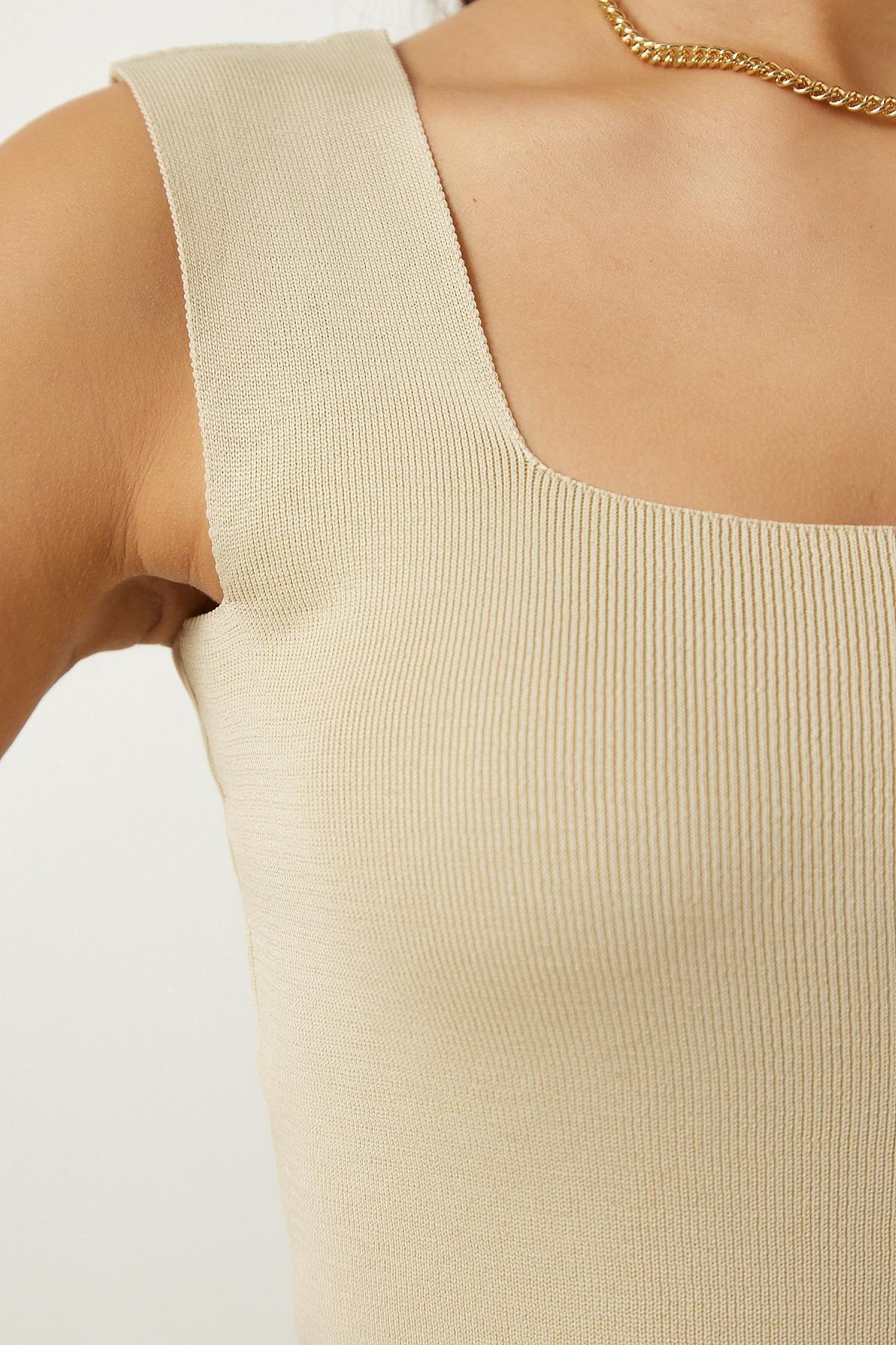 Beige Square Neck Knitted Crop Top, Beige, large image number 3