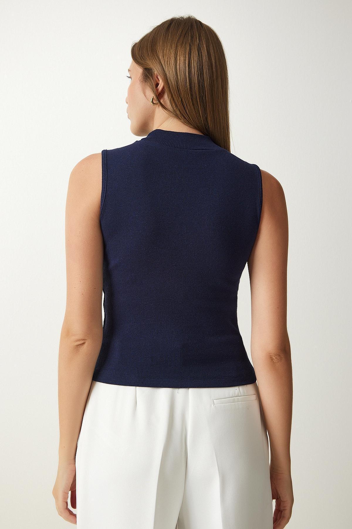 Womens Navy Blue Turtleneck Cotton Knitted Blouse GT00004, single, Navy blue, large image number 4