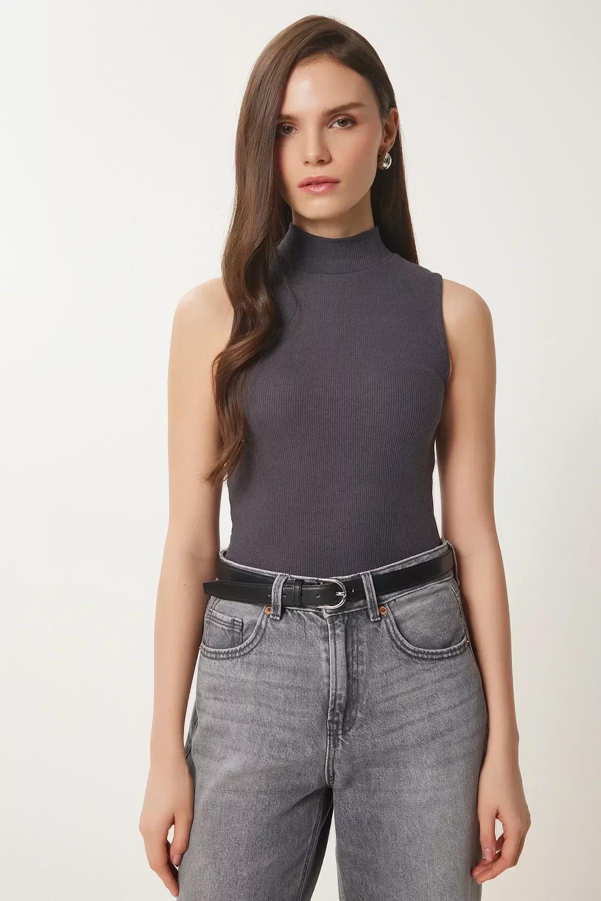 Beige Turtleneck Knitted Blouse, Anthracite, large image number 2