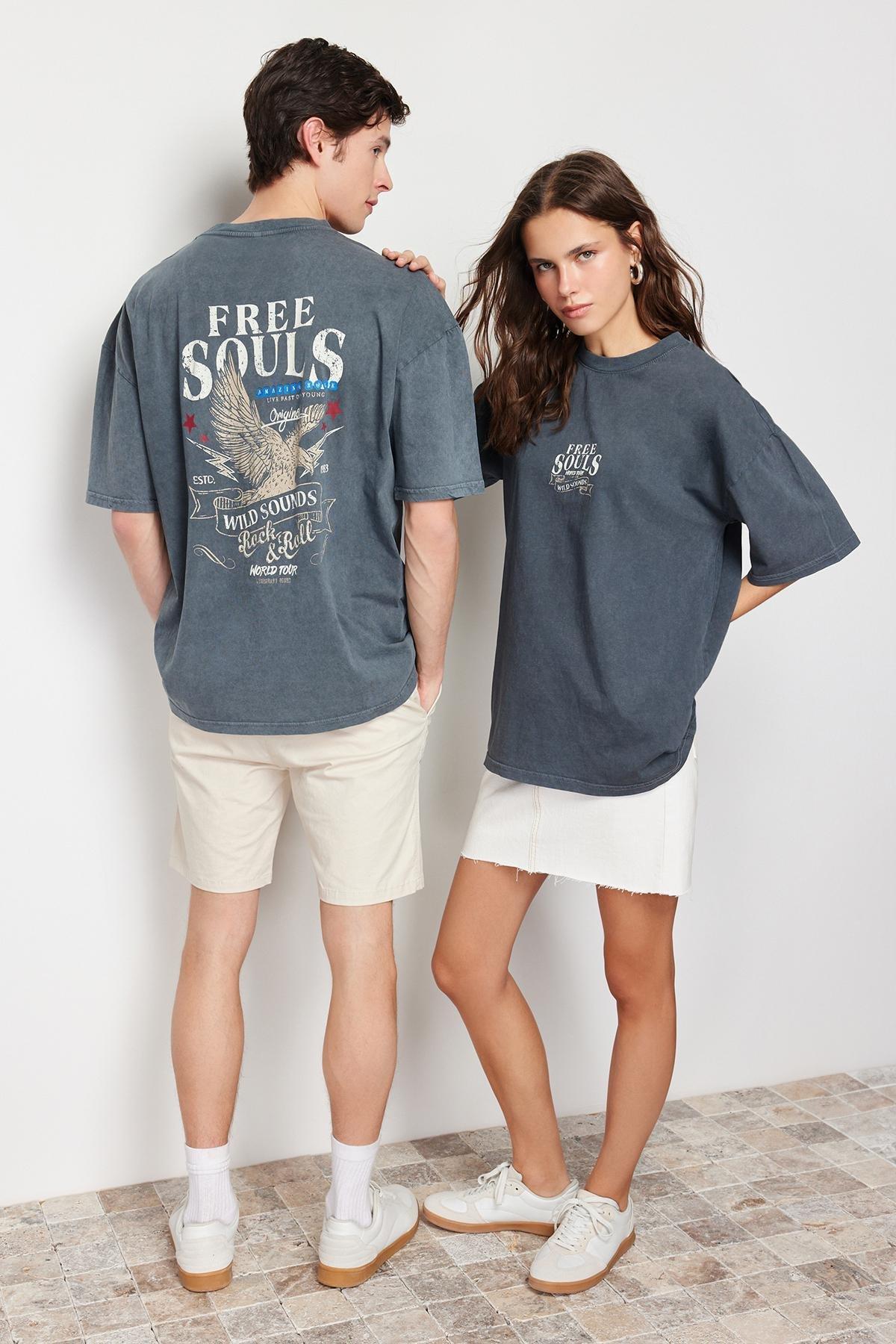 Grey Oversized Pale Eagle-Writing T-Shirt, , large image number 0