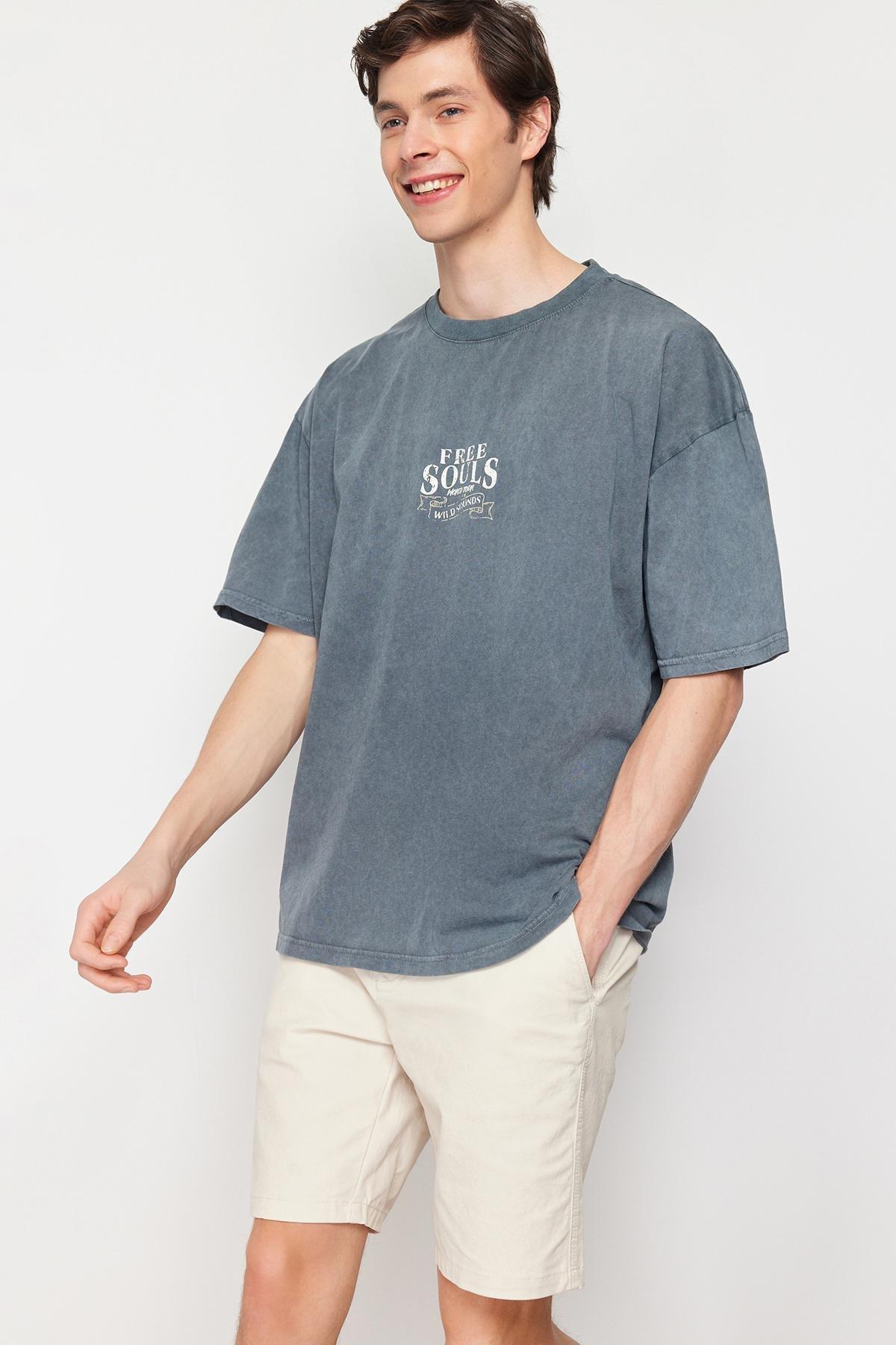 Grey Oversized Pale Eagle-Writing T-Shirt, , large image number 2