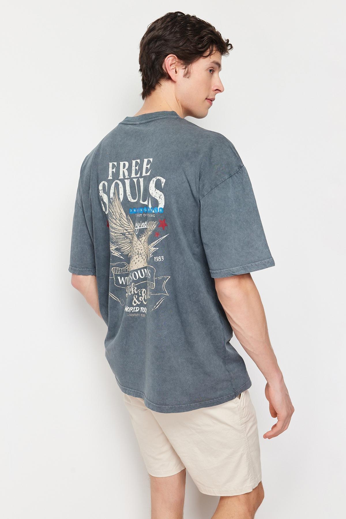 Grey Oversized Pale Eagle-Writing T-Shirt, , large image number 3