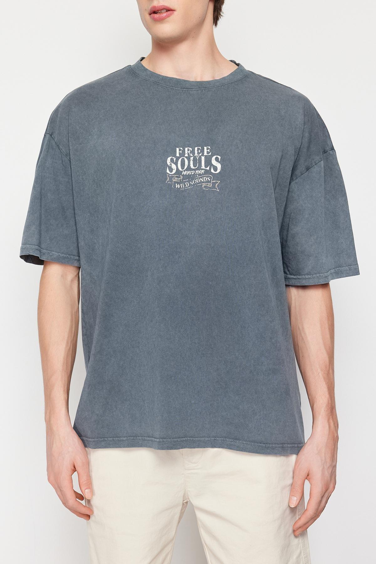Grey Oversized Pale Eagle-Writing T-Shirt, , large image number 4