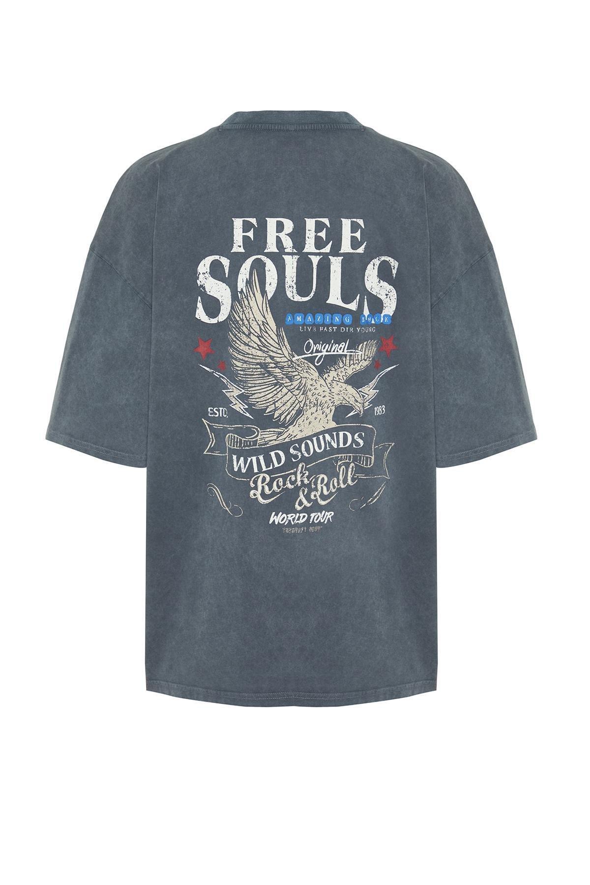 Grey Oversized Pale Eagle-Writing T-Shirt, , large image number 5