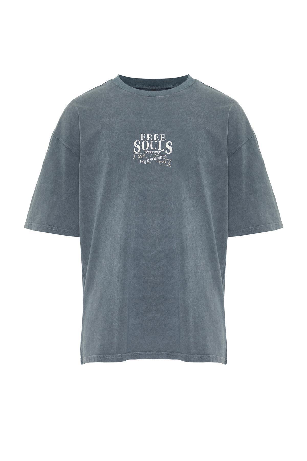 Grey Oversized Pale Eagle-Writing T-Shirt, , large image number 6