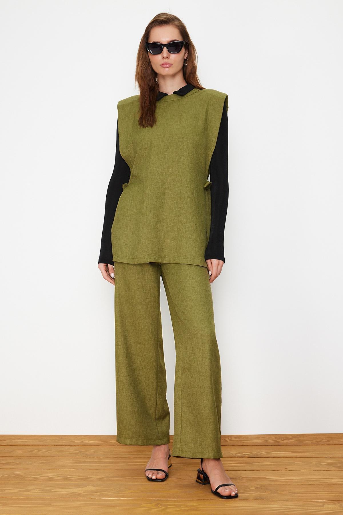 Khaki Linen Look Side Tie Co-Ord Set, , large image number 0