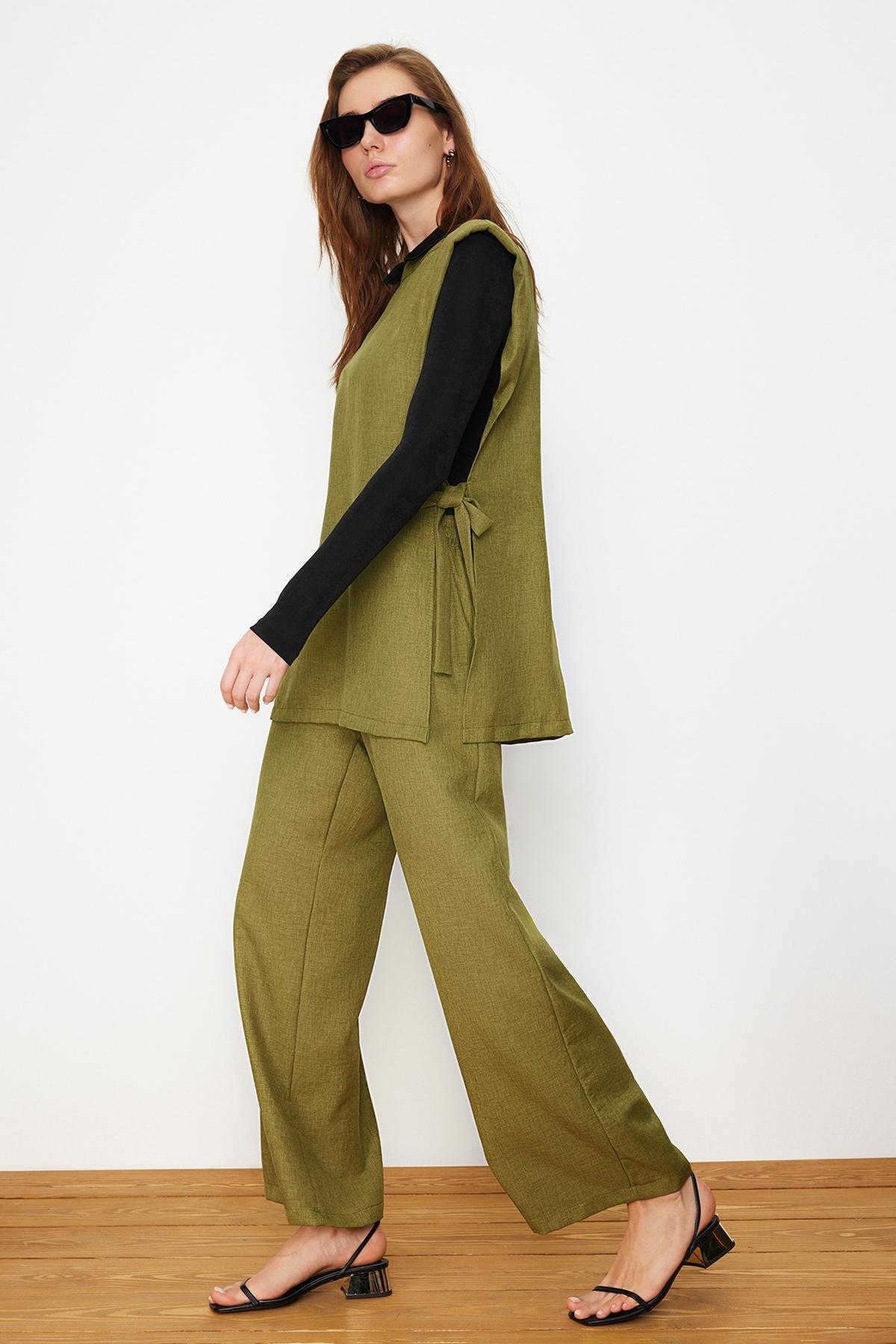 Khaki Linen Look Side Tie Co-Ord Set, , large image number 1