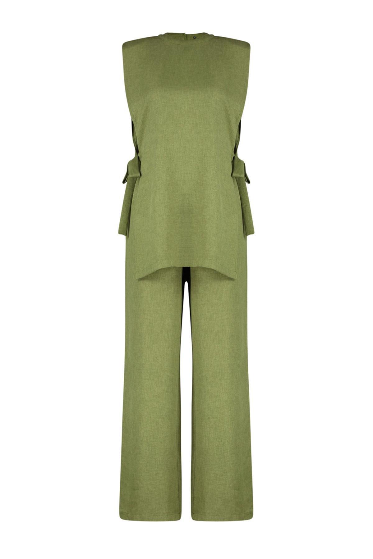 Khaki Linen Look Side Tie Co-Ord Set, , large image number 5