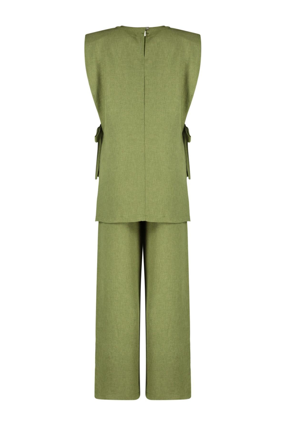 Khaki Linen Look Side Tie Co-Ord Set, , large image number 6