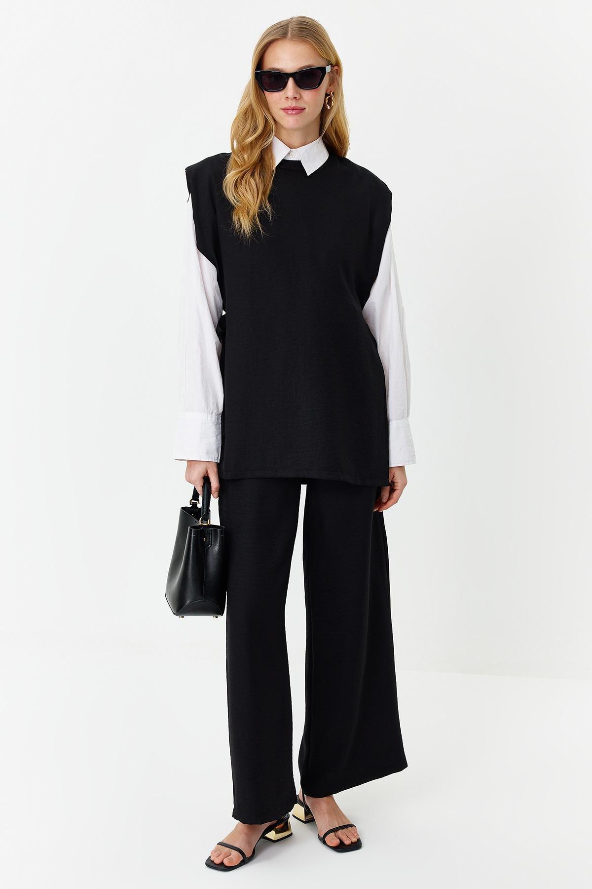 Black Linen Woven Co-Ord Set, , large image number 0