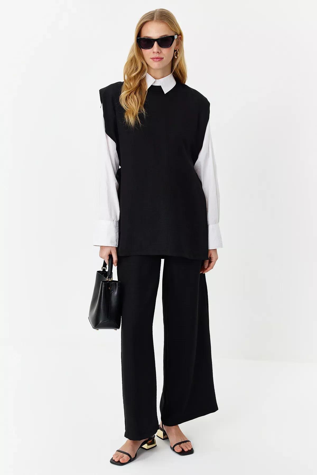 Black Linen Woven Co-Ord Set, , large image number 0