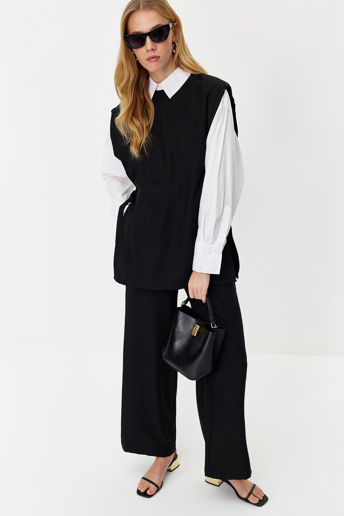 Black Linen Woven Co-Ord Set, , large image number 1