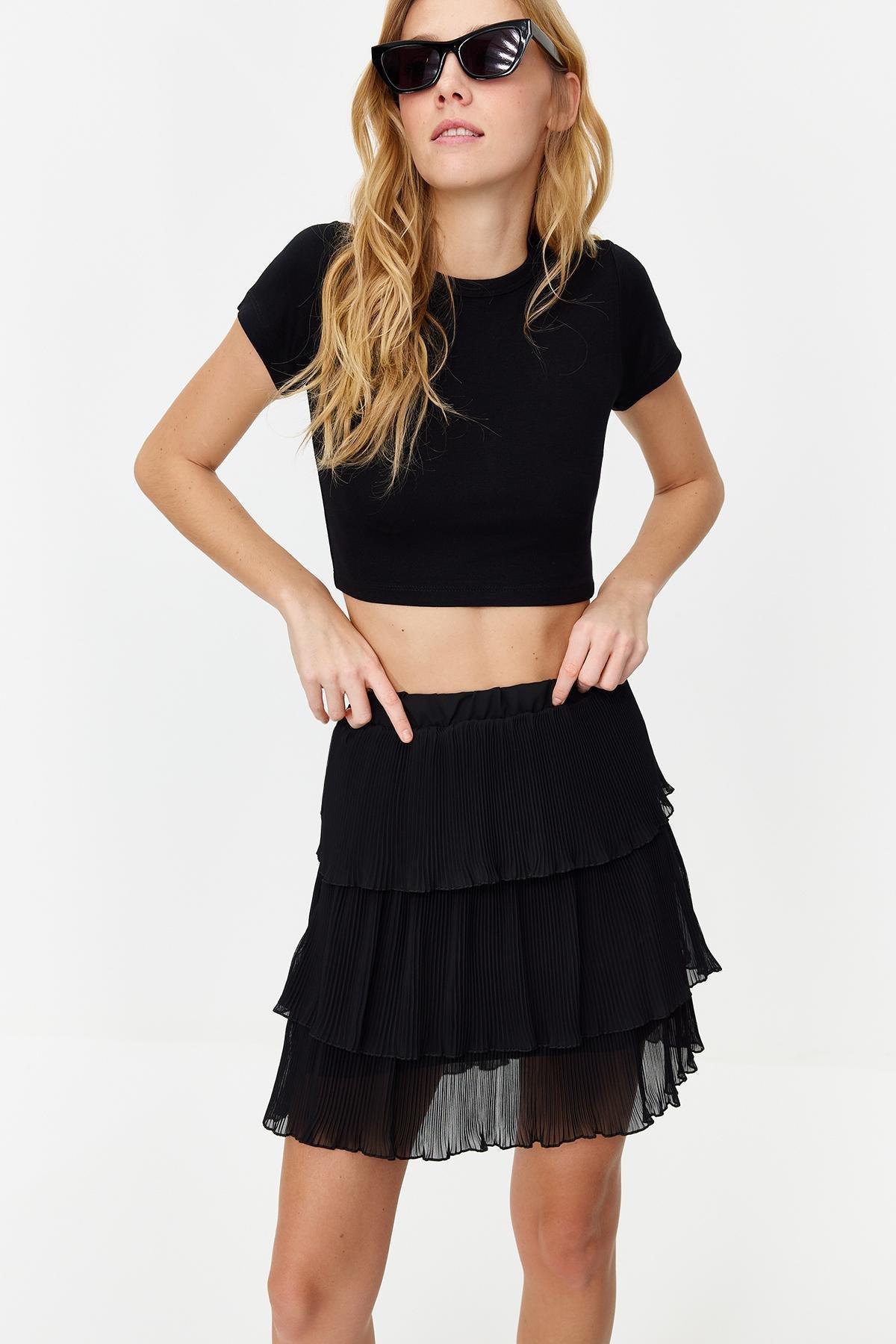 Black Pleated Ruffled Chiffon Mini Skirt, , large image number 1